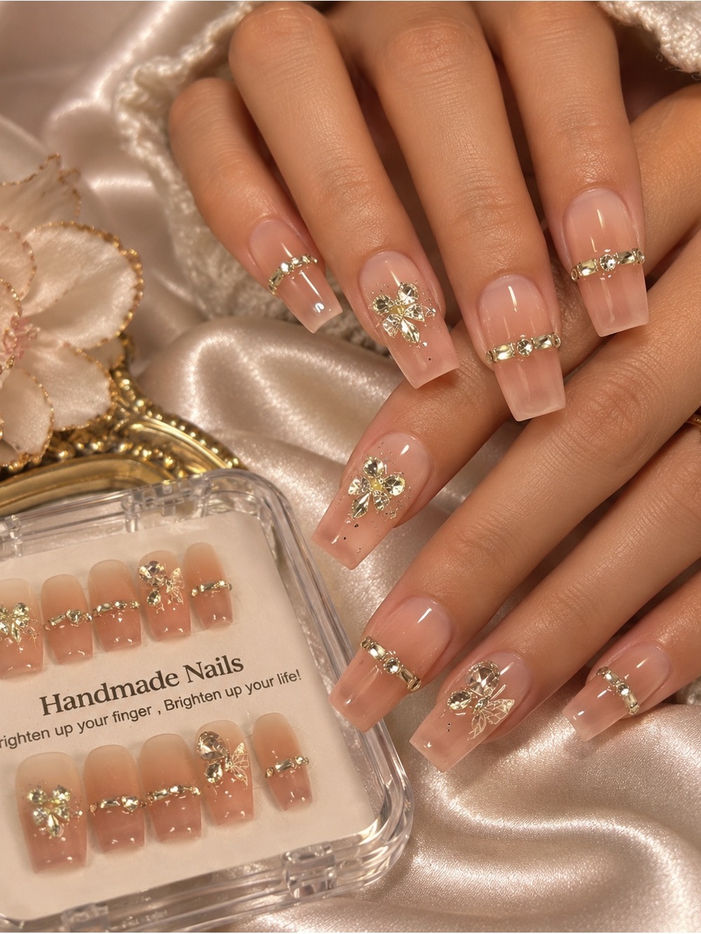 Handmade Nude Butterfly Rhinestone Press On Nails Medium NWT Sticky Tabs Include
